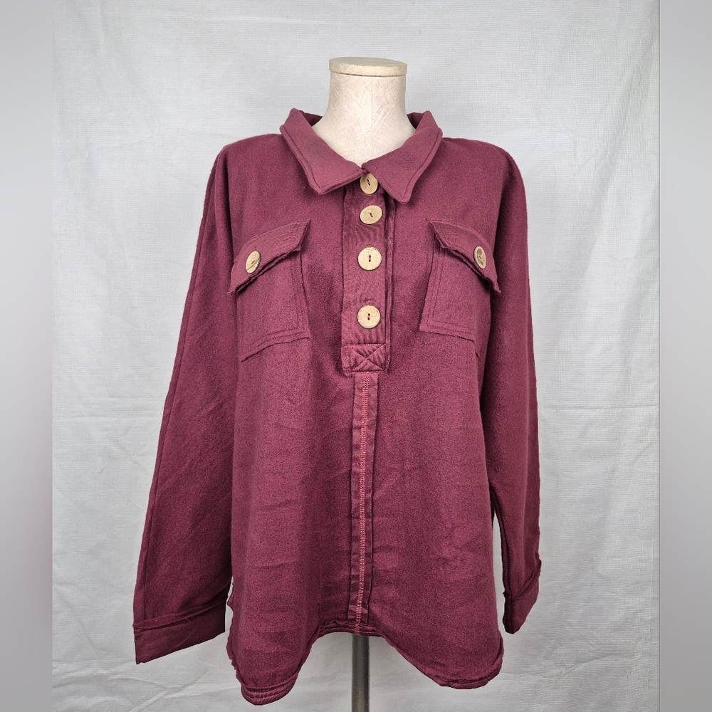 Bluivy Burgundy Button Up Pullover Collared Top Oversized Casual Soft Knit